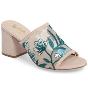 SEYCHELLES Nursery Floral Embroidered Mule Block Heel Sandals